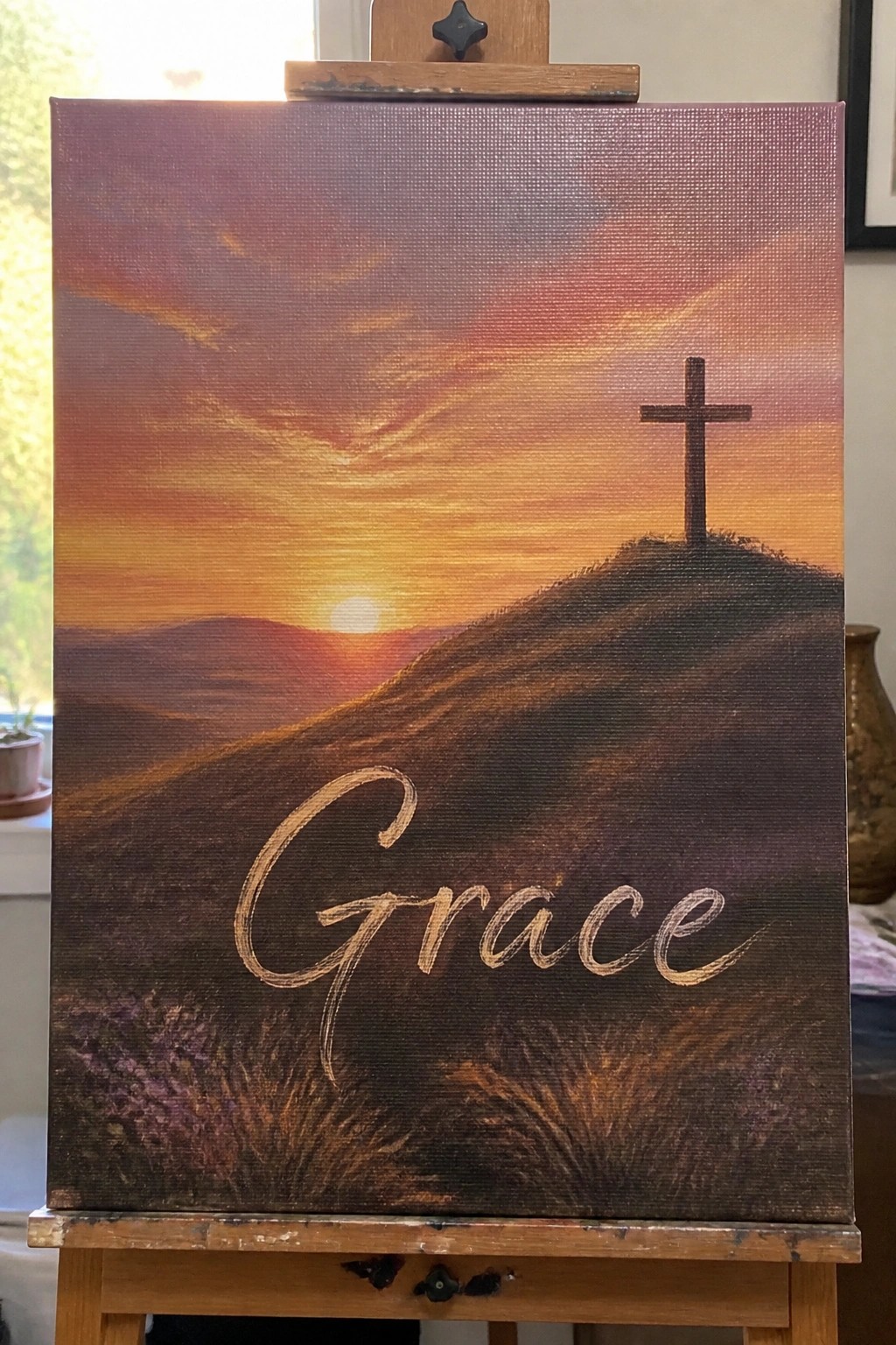 Canvas painting on easel of sunset hills with cross and cursive 