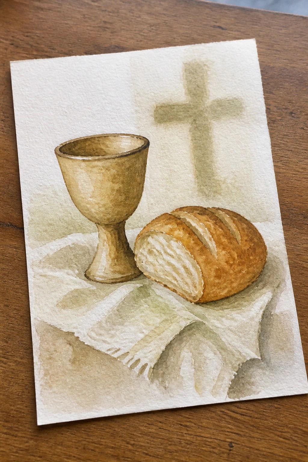 Watercolor of chalice and sliced bread loaf on cloth with faint cross behind
