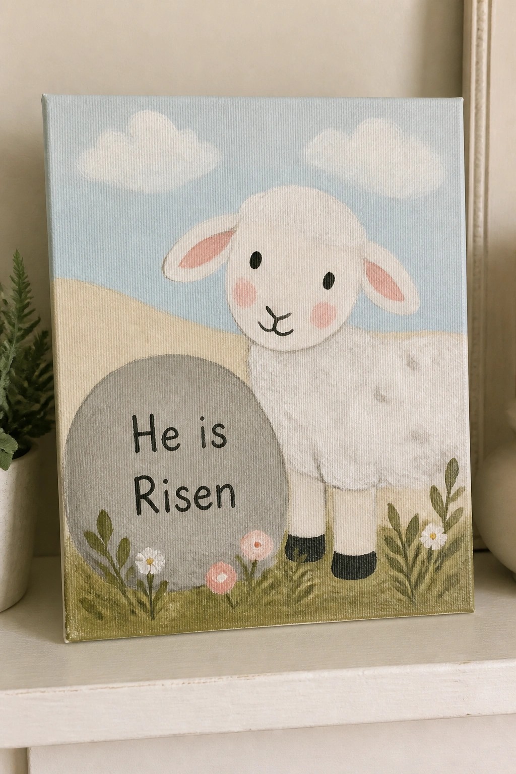 Pastel painting of white lamb beside gray 