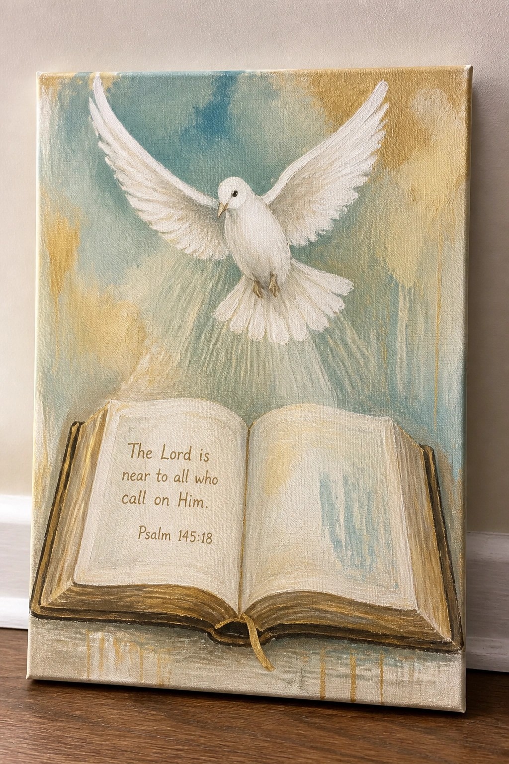 White dove flying above open book with Psalm 145:18 text on canvas