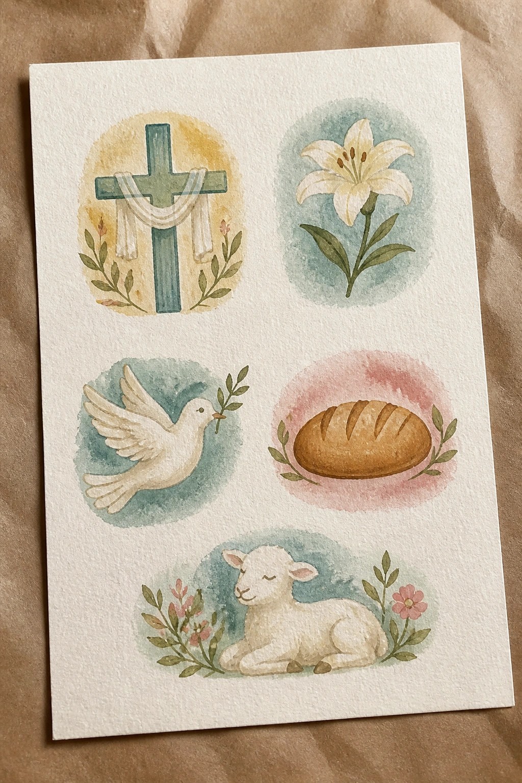 Watercolor Christian icons: cross with cloth, lily, dove, bread, and lamb in pastel circles.