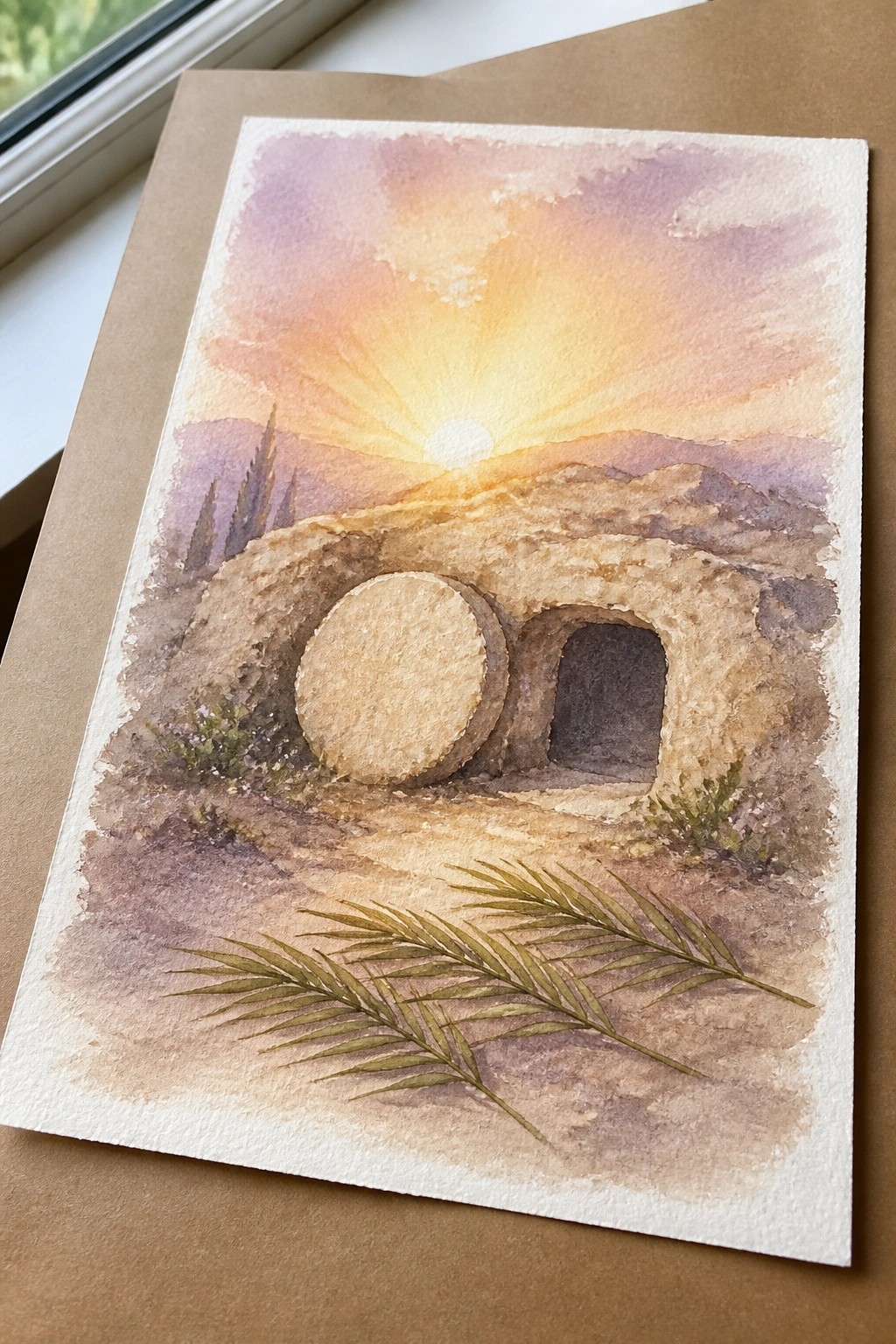 Watercolor of empty ancient tomb at sunrise with rolled stone and foreground palm frond.