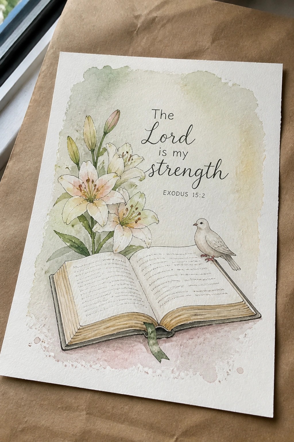 Watercolor of open book with perched dove, white lilies, and 