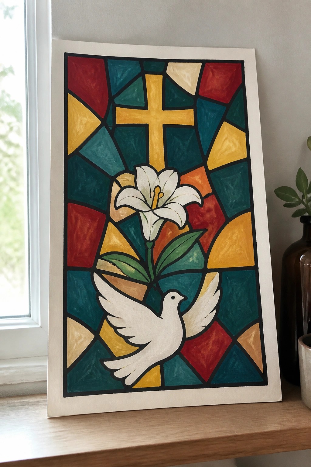 Colorful stained glass painting with yellow cross, white lily, and dove.