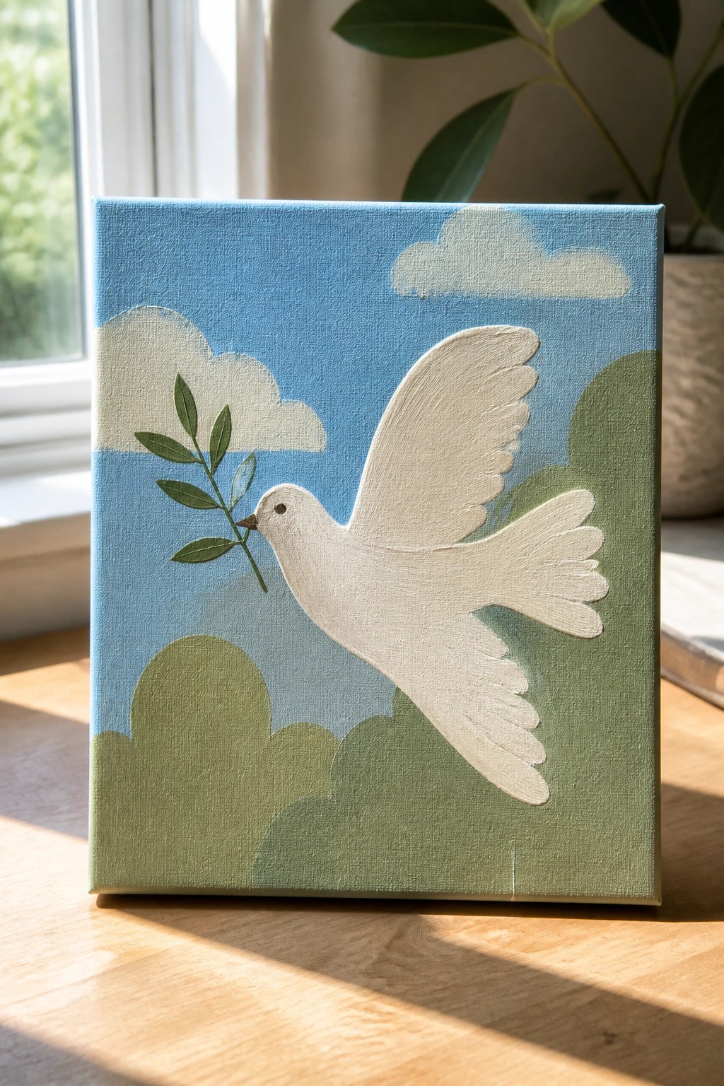 White dove with olive branch flying in blue sky above green hills on canvas.