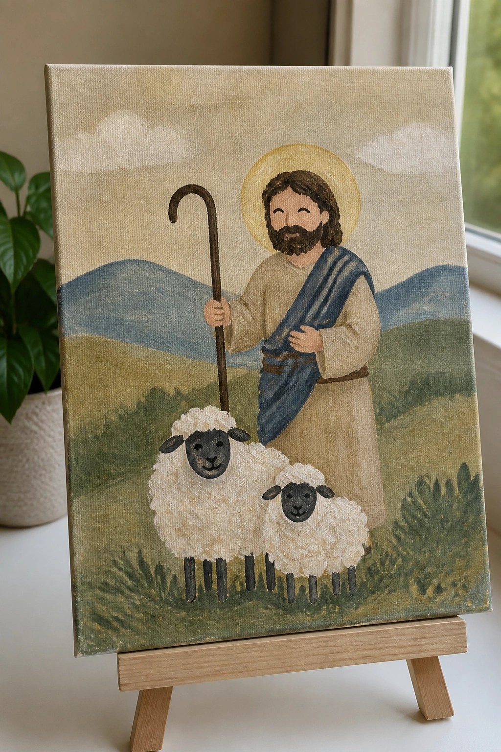 Jesus with halo and staff in beige robe stands with two sheep amid green hills