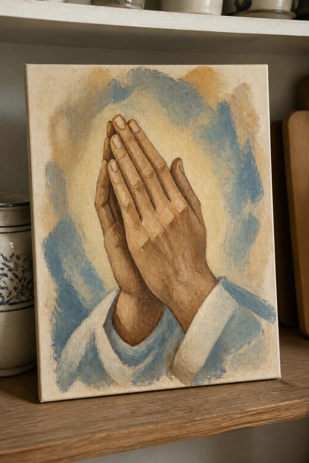 Realistic painting of praying hands with blue and white sleeves on wooden shelf