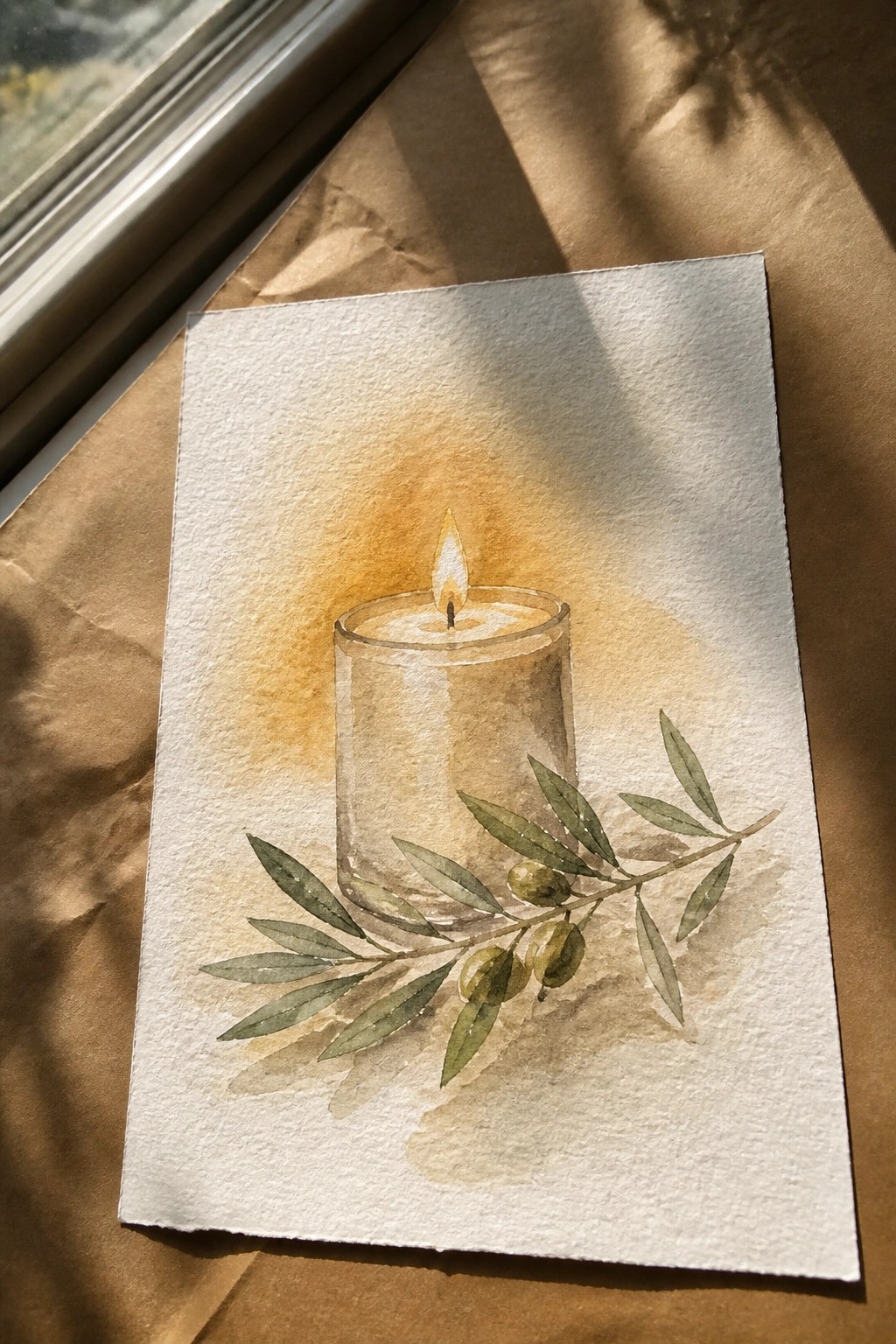 Watercolor of lit candle in glass holder with olive branch on paper