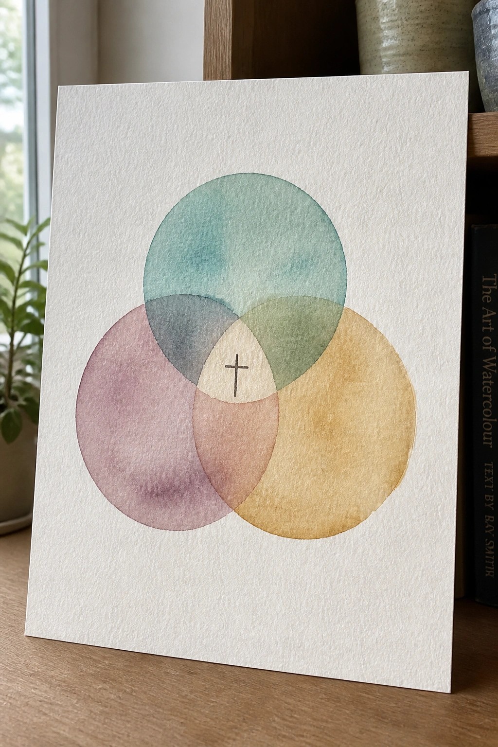 Three overlapping watercolor circles in teal, mauve, and ochre with a black cross.