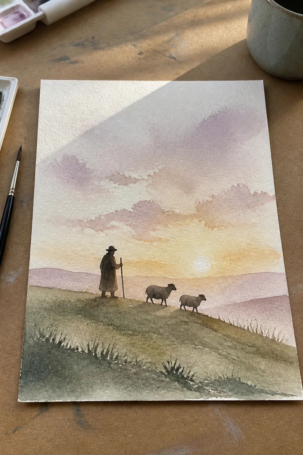 Watercolor of shepherd in long coat with staff and two sheep on hill at sunset.