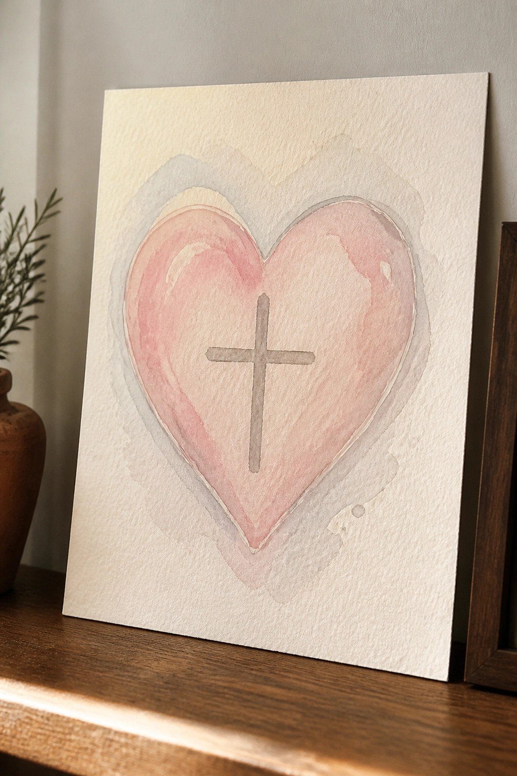 Watercolor pink heart with gray cross on white paper over wooden surface