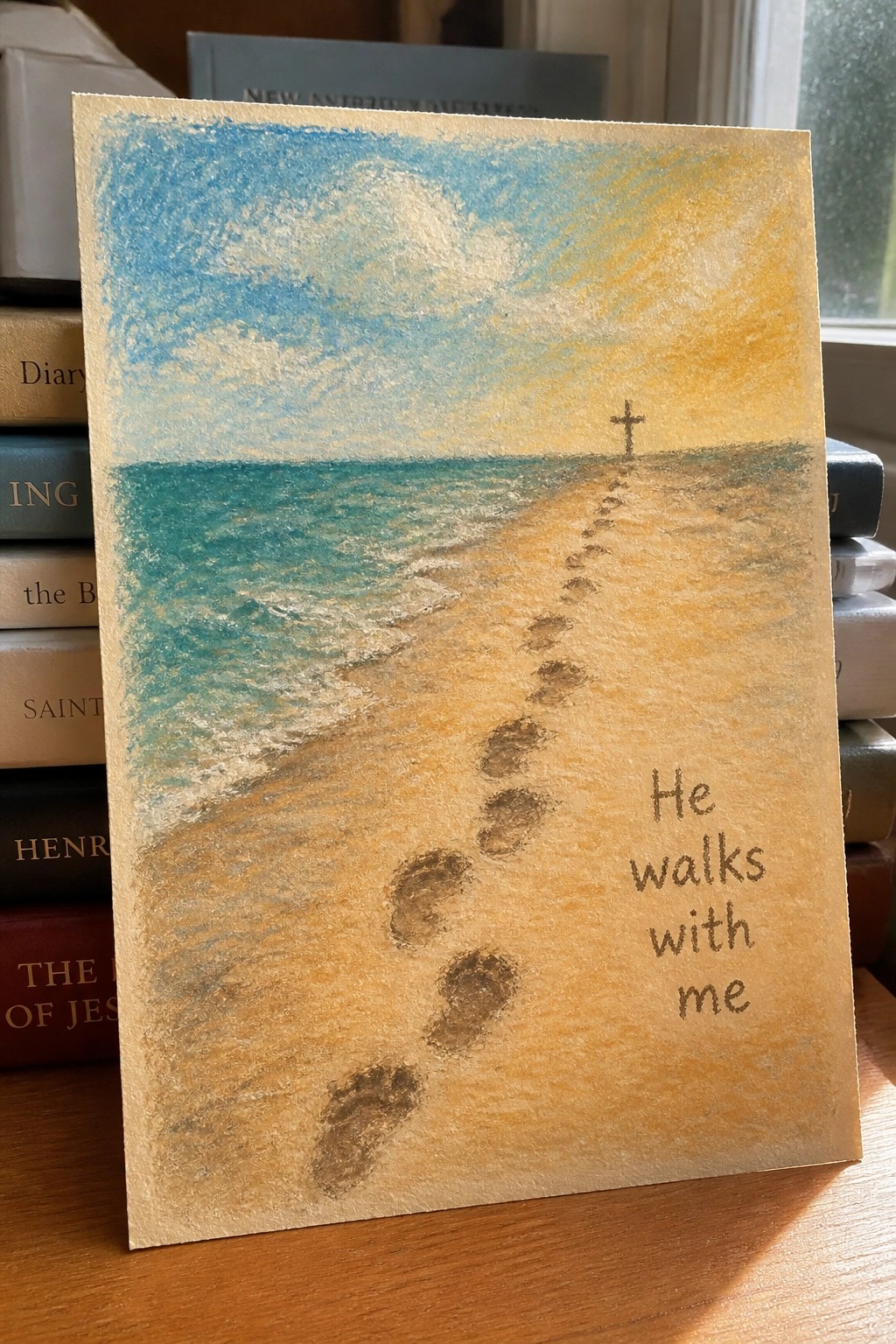 Watercolor beach scene with footprints leading to cross and 