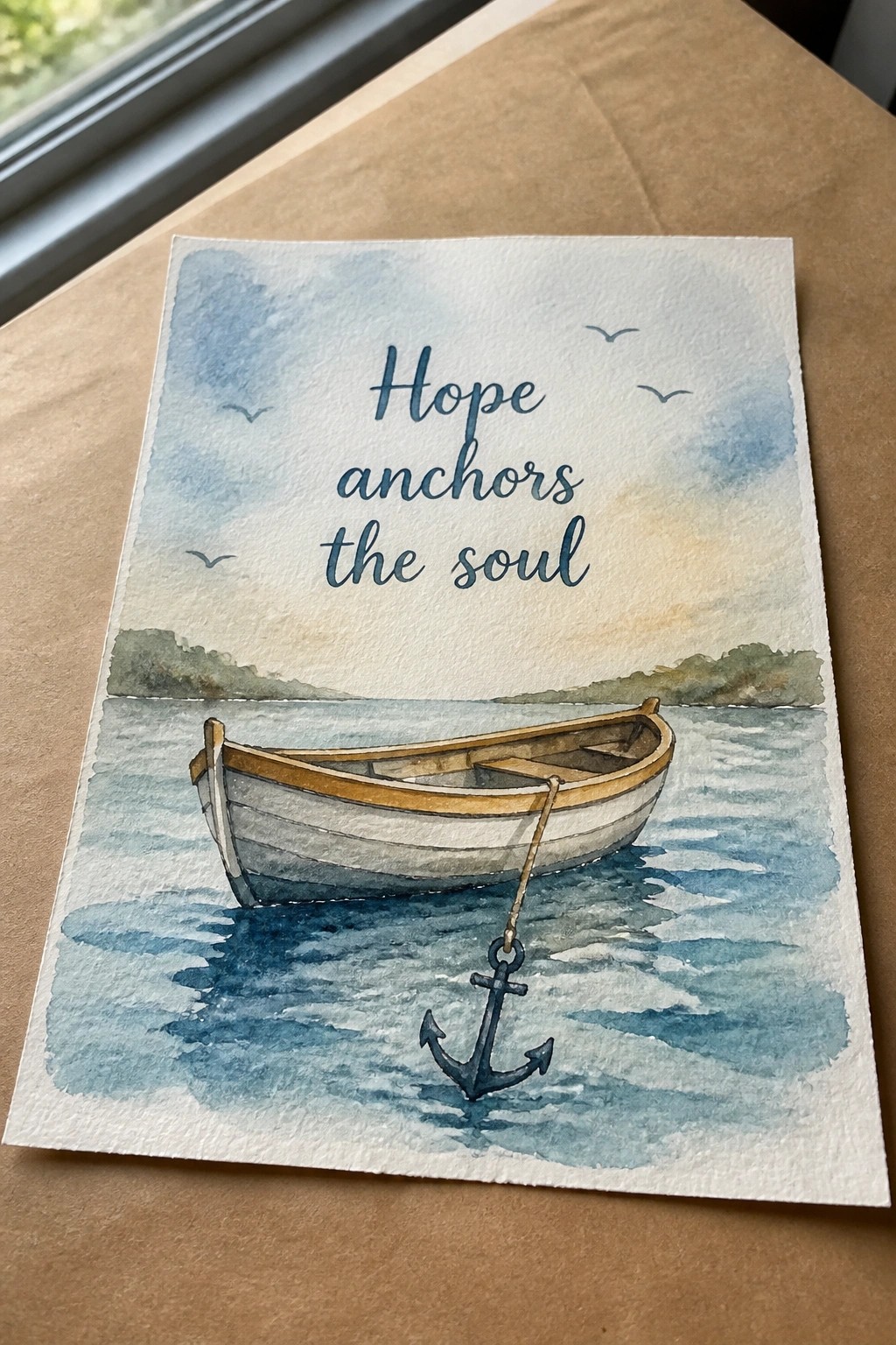 A watercolor painting shows a rowboat on blue water with an anchor hanging below it, distant green hills, birds in the sky, and the text 
