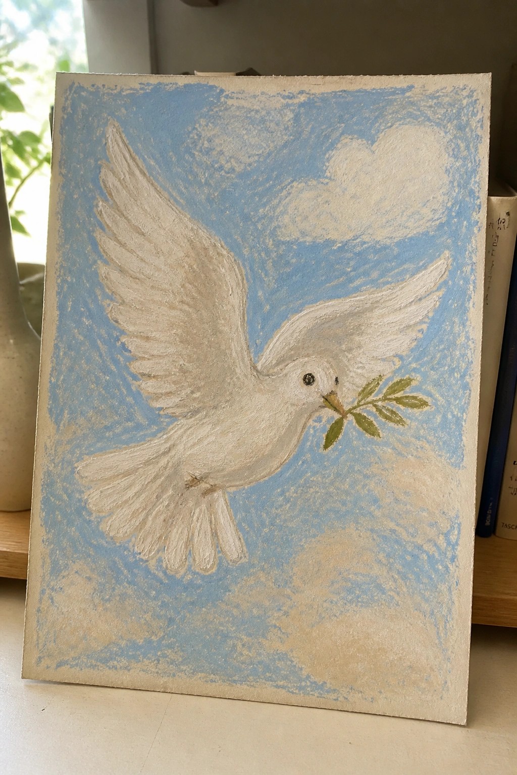 White dove with olive branch flying through blue sky with clouds, textured painting