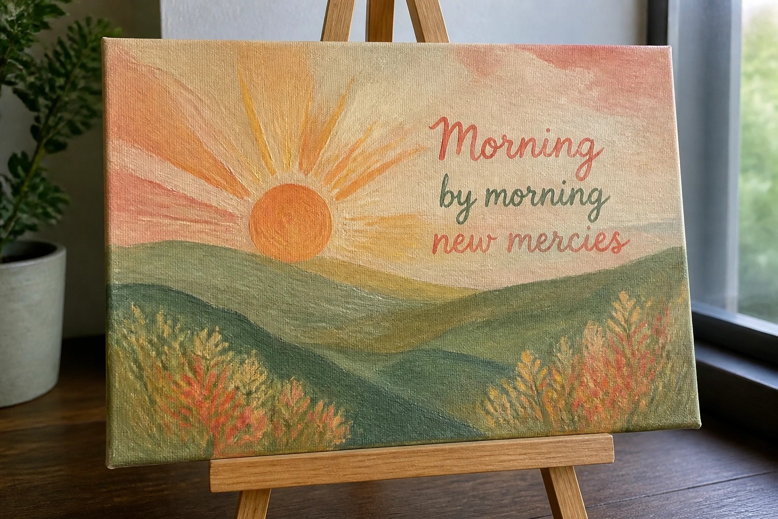 Colorful sunrise painting with orange rays over green hills and quote on easel