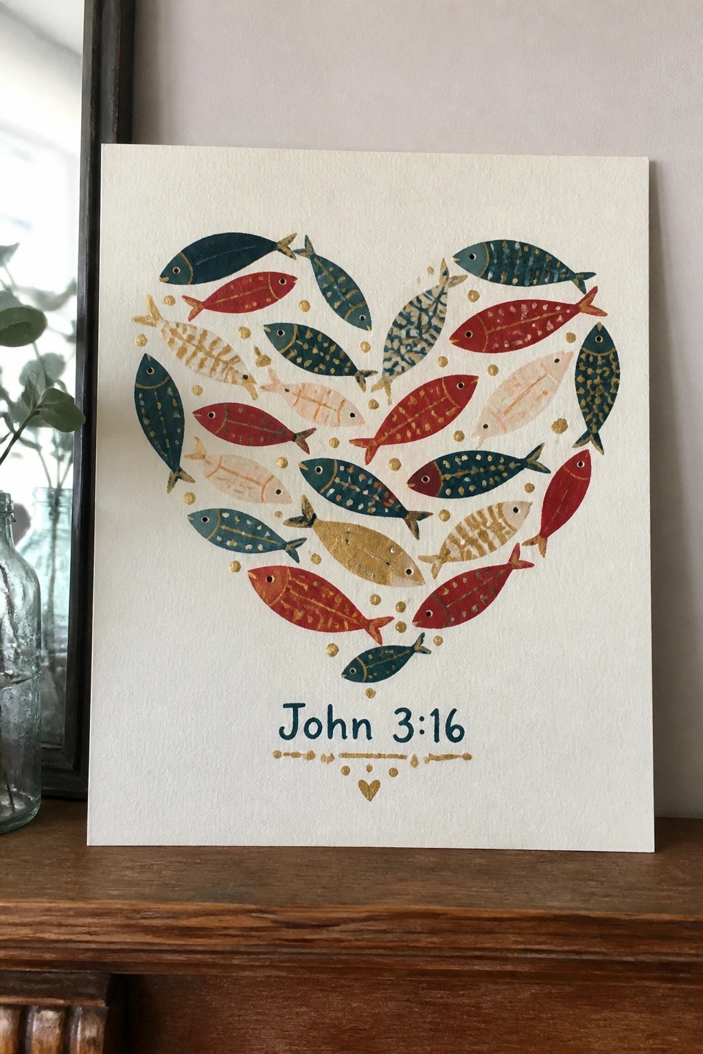 Colorful fish in heart shape above John 3:16 text with gold accents