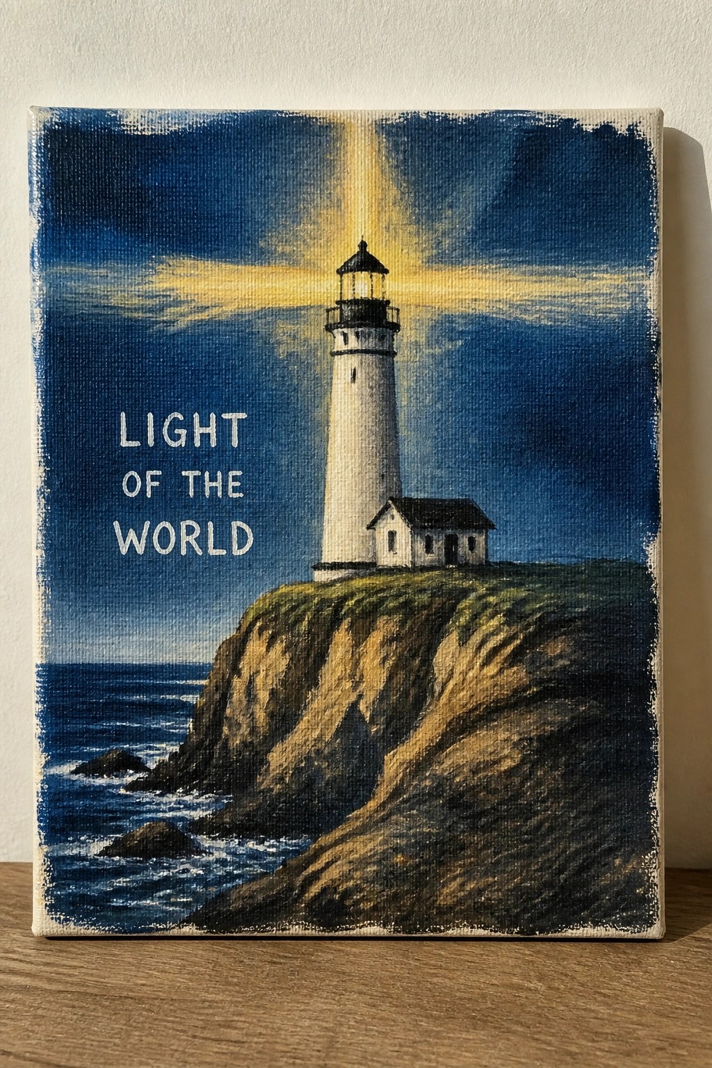 Canvas painting of white lighthouse on cliff beaming yellow light with 