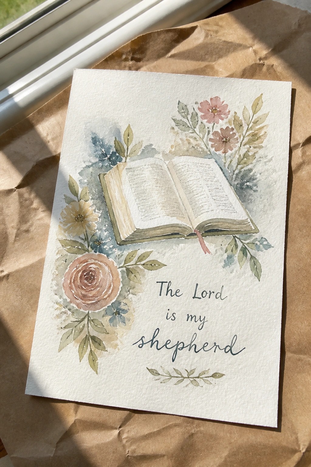 Watercolor card with open book, pink flowers, and 