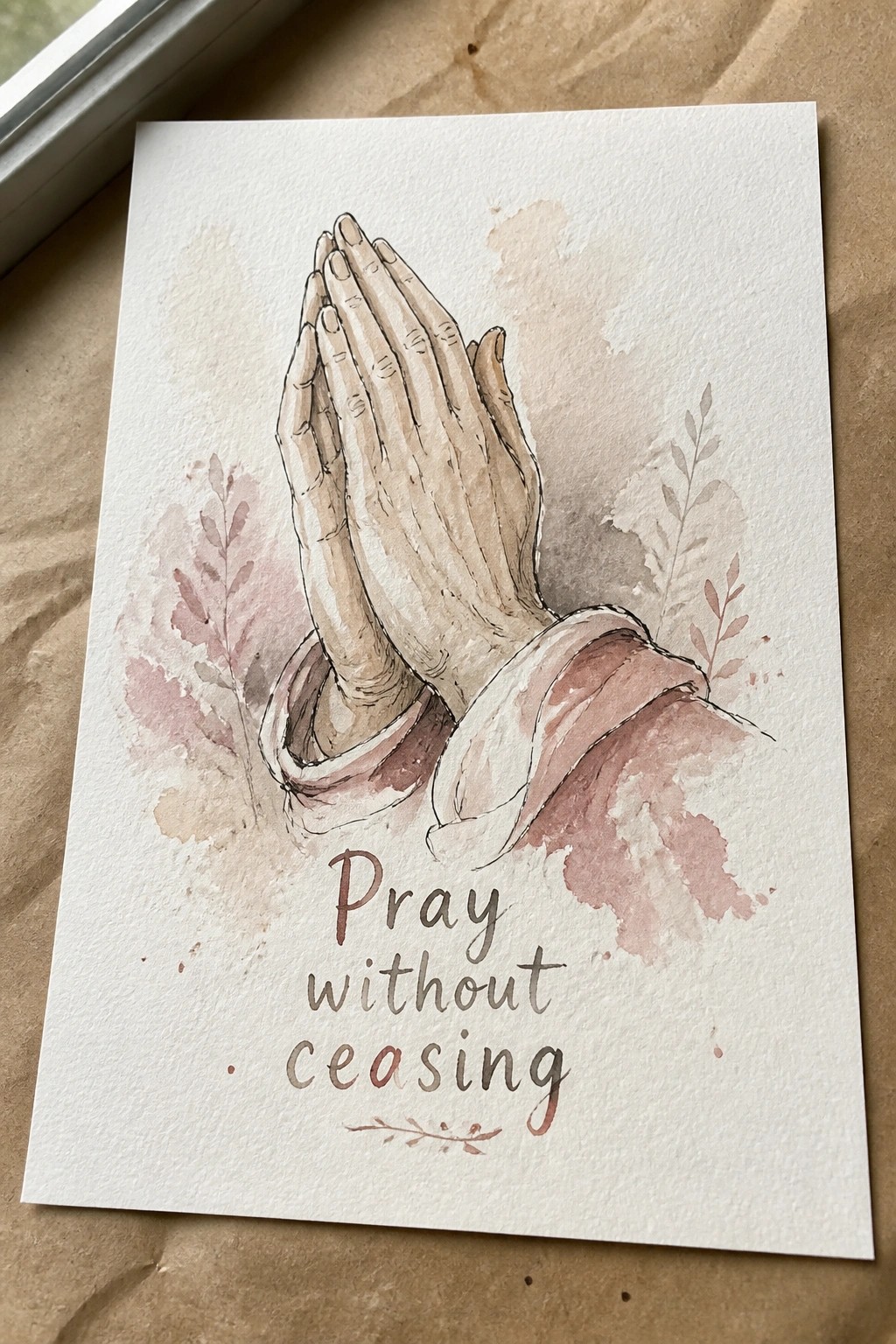 Watercolor painting of clasped praying hands in pink sleeves with 