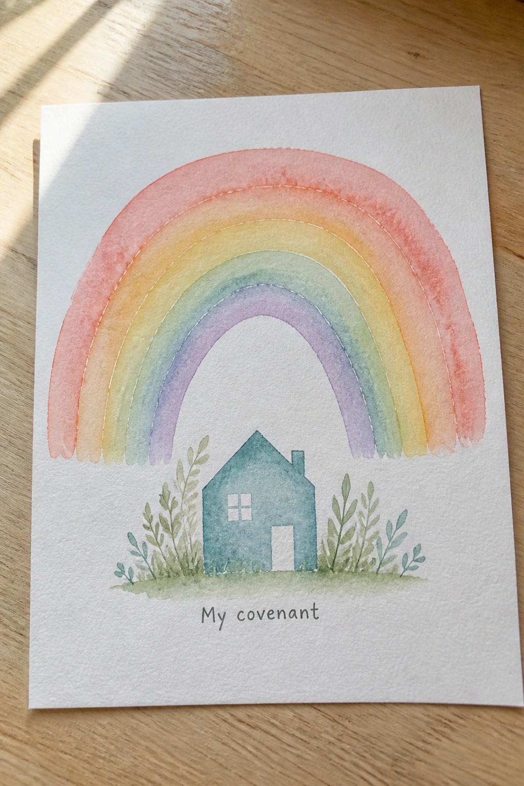 Watercolor rainbow arches over blue house with plants and 