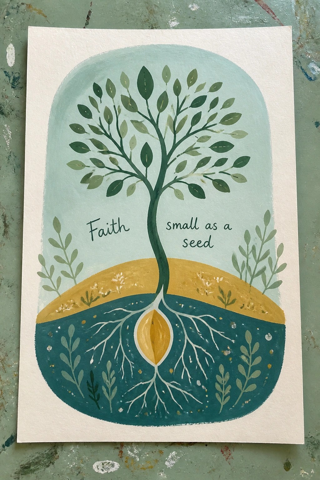 Watercolor tree with roots from a seed in soil, text 