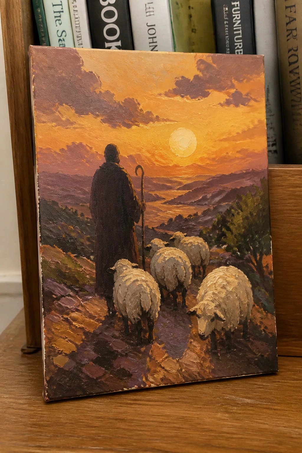 A painting shows a shepherd with a staff walking beside several sheep on a hillside path at sunset, with mountains and an orange sky in the background.
