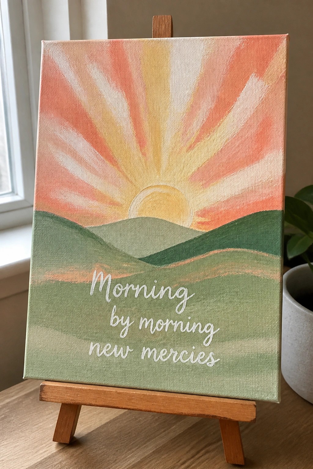 Colorful sunrise painting with orange rays over green hills and quote on easel
