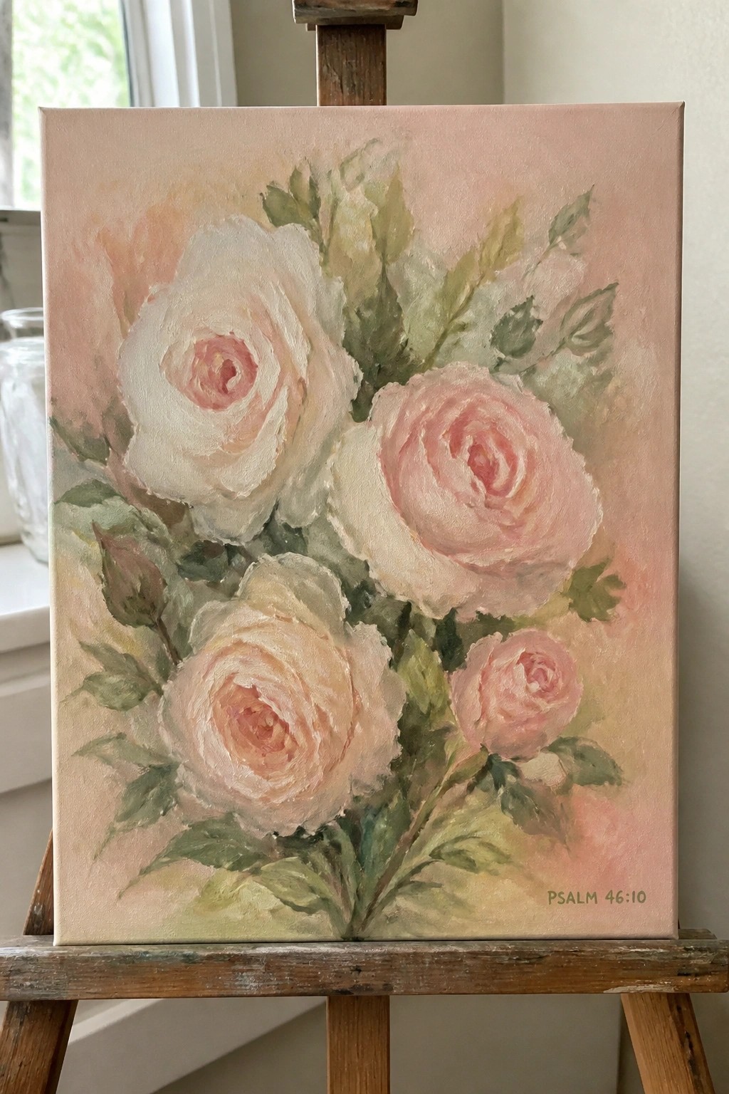 Painting of pink and white roses with green leaves on wooden easel