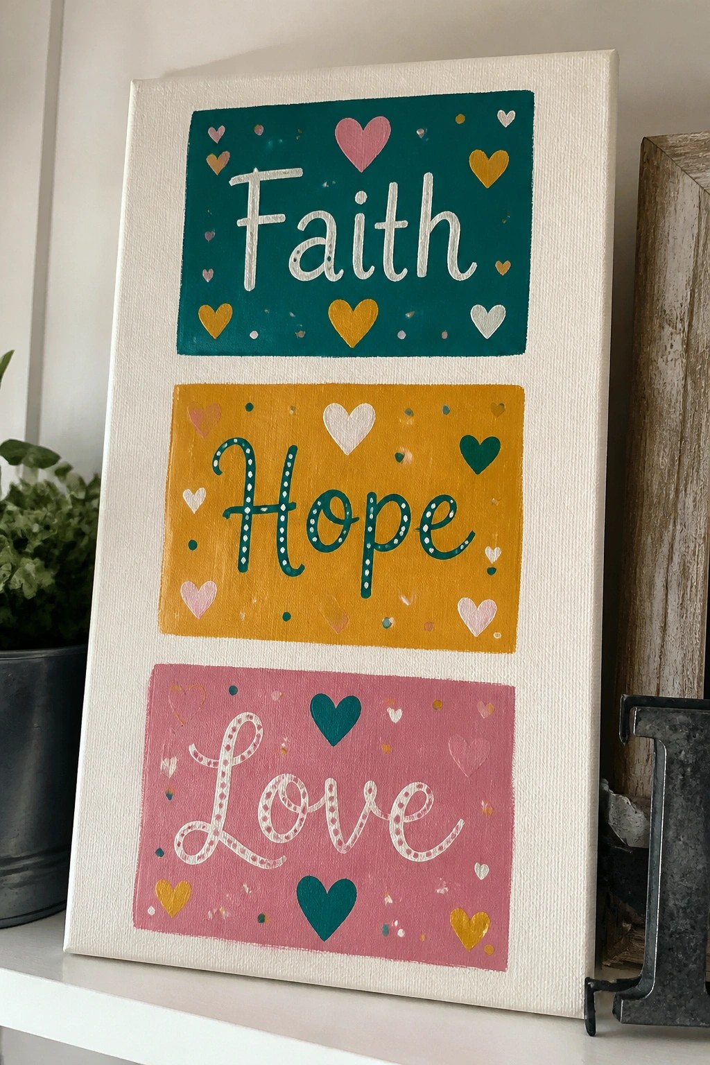 Canvas painting with Faith in teal, Hope in yellow, and Love in pink with hearts.