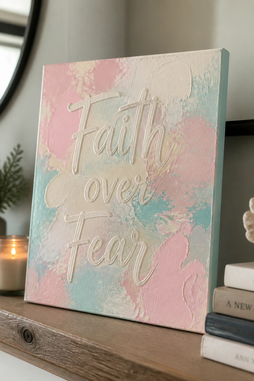 Pastel pink and blue textured canvas with raised white