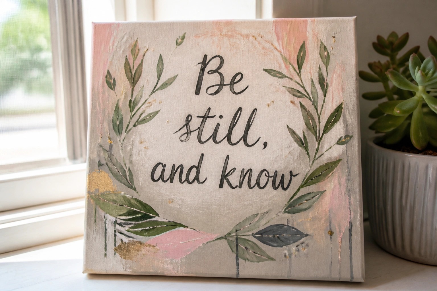 Pink canvas with "Be still, and know" text and leafy wreath on windowsill beside plant