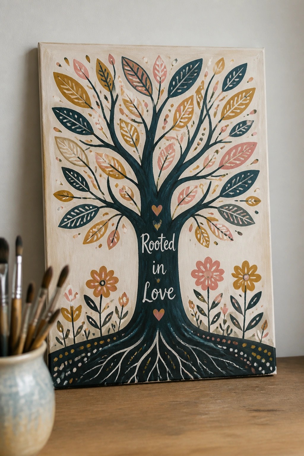 Canvas painting of vibrant tree with 'Rooted in Love' text beside paintbrushes on wood