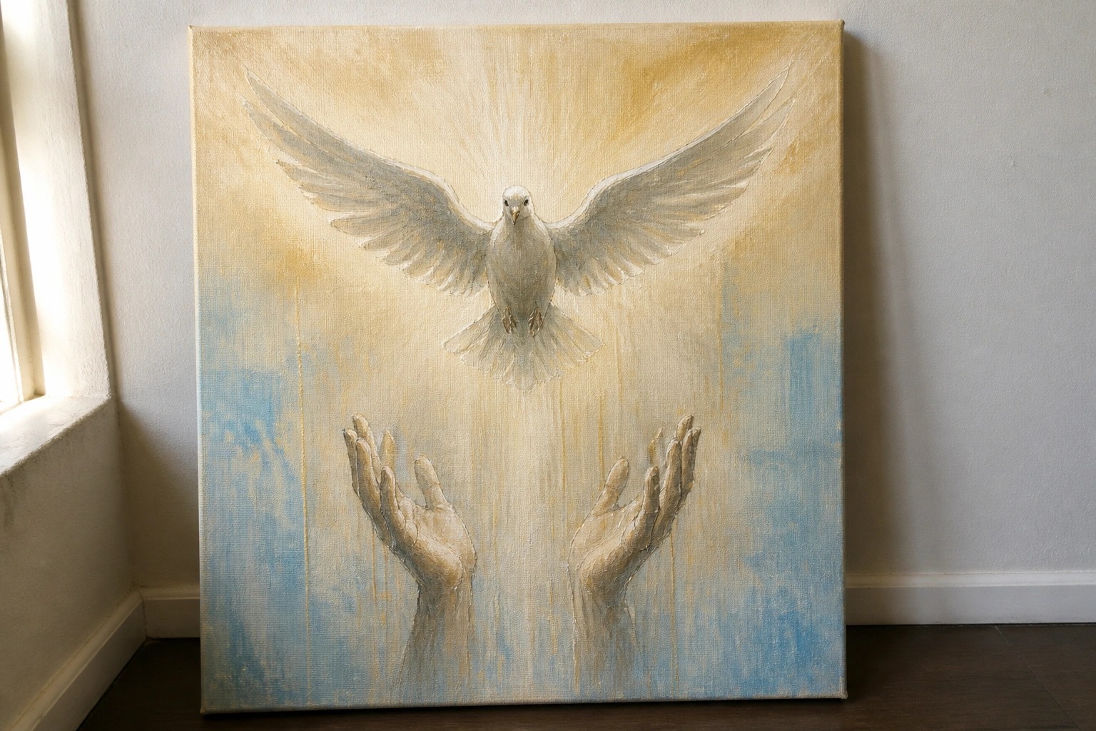 A painting of a white dove with spread wings above two open hands against a soft golden glow on a canvas.