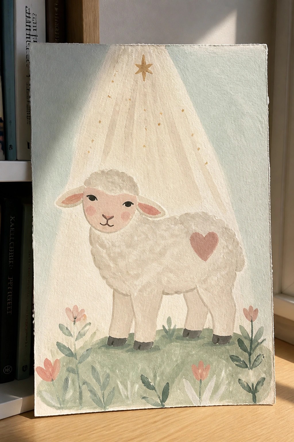 Watercolor lamb with pink heart on grassy field with flowers under golden star beam.