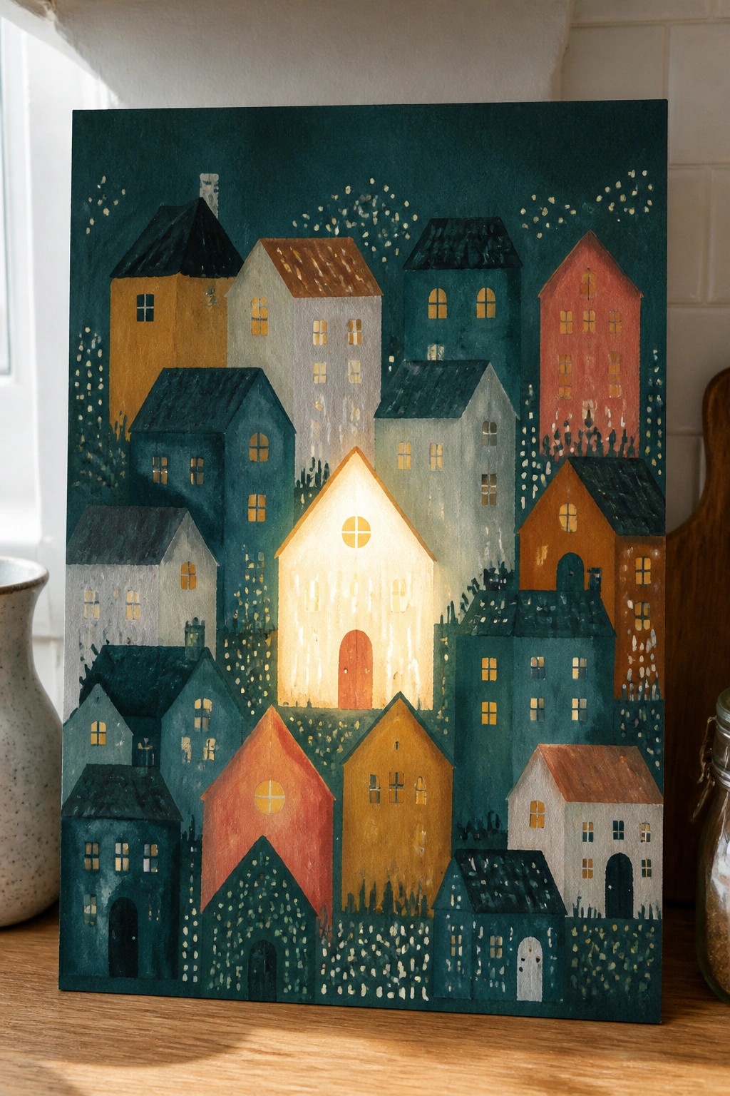 Whimsical colorful houses with glowing windows in a starry night village painting.