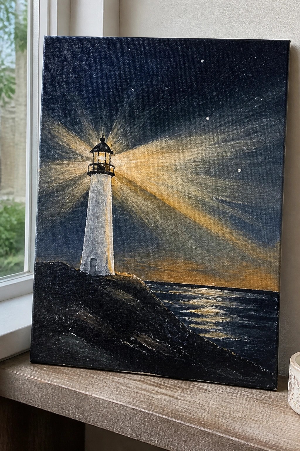 Nighttime painting of white lighthouse beaming yellow light over dark rocky sea.