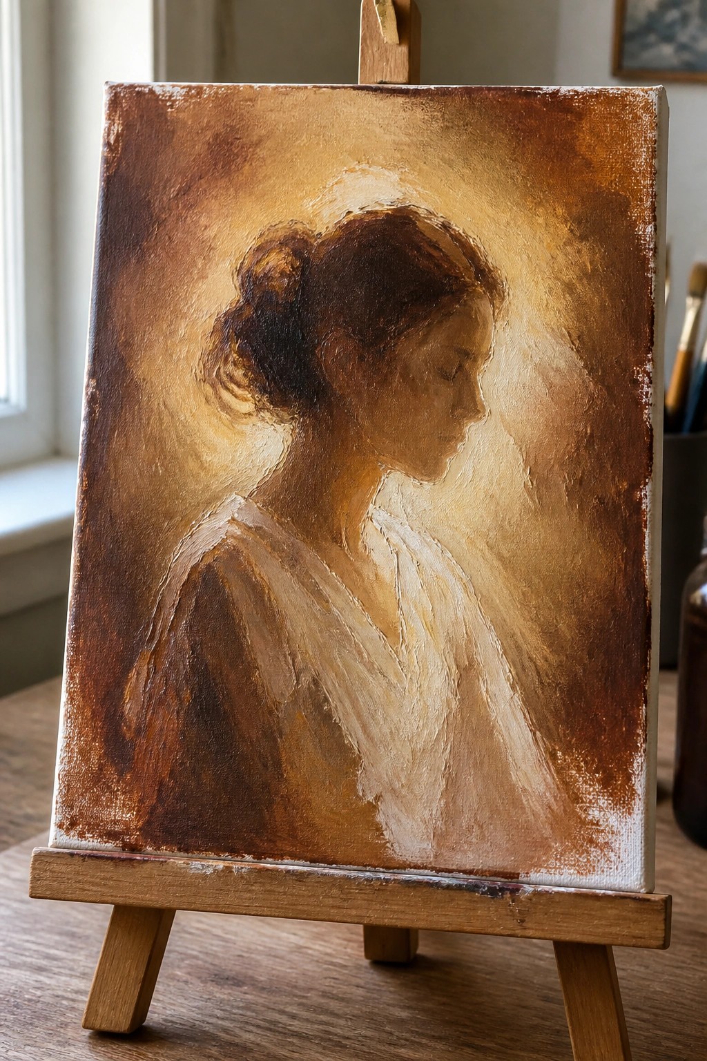 Warm-toned oil painting of a woman in profile on wooden easel