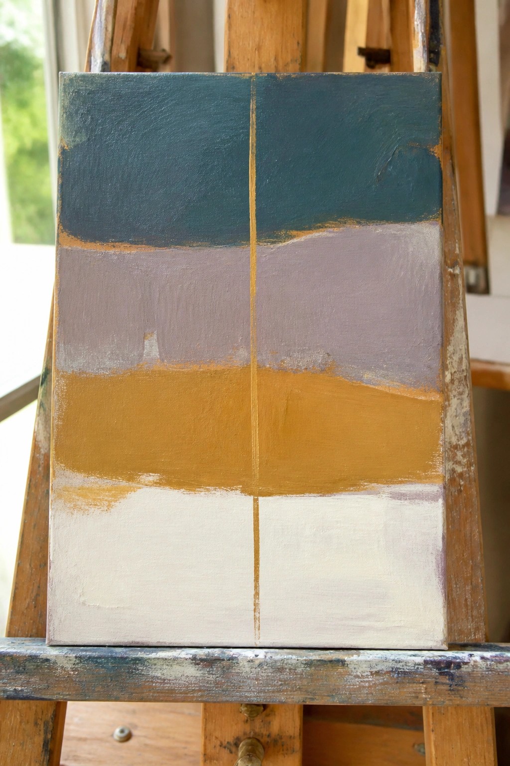 Abstract painting with horizontal teal, purple, ochre, and white bands on wooden easel