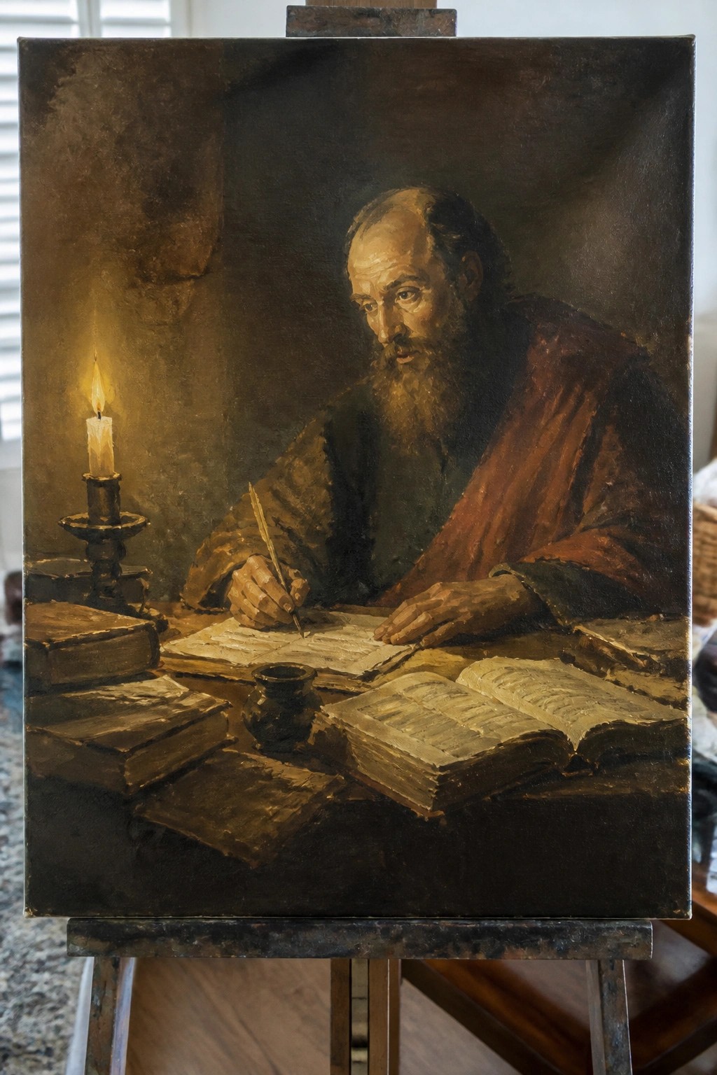 Bearded man in brown robe writing by candlelight amid open books and papers.