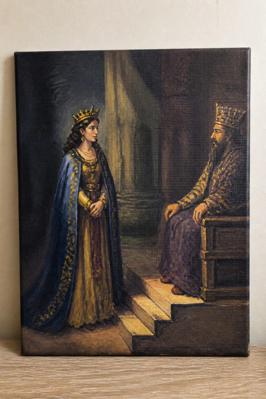 Crowned woman in blue cloak faces bearded king on wooden throne steps