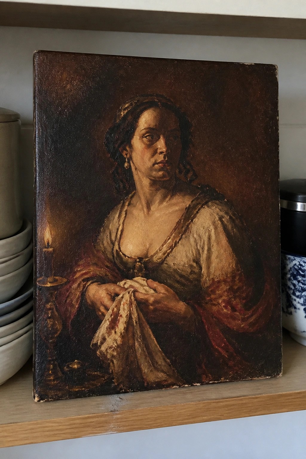Woman in low-cut gown holding stained cloth beside lit candle in shadows