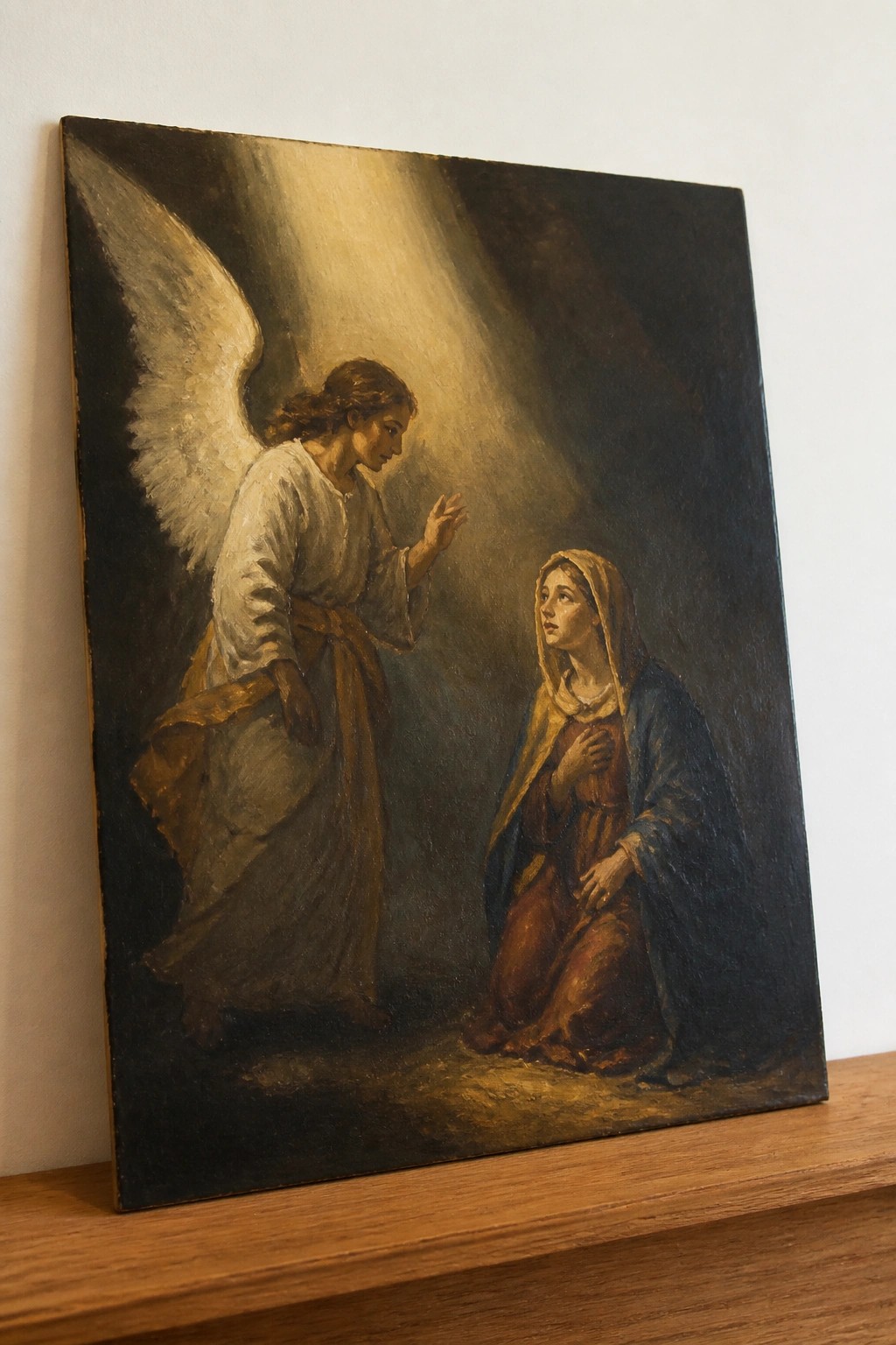 An oil painting of a winged angel standing and gesturing toward a kneeling woman in robes, both lit by a strong beam of light against a dark background.