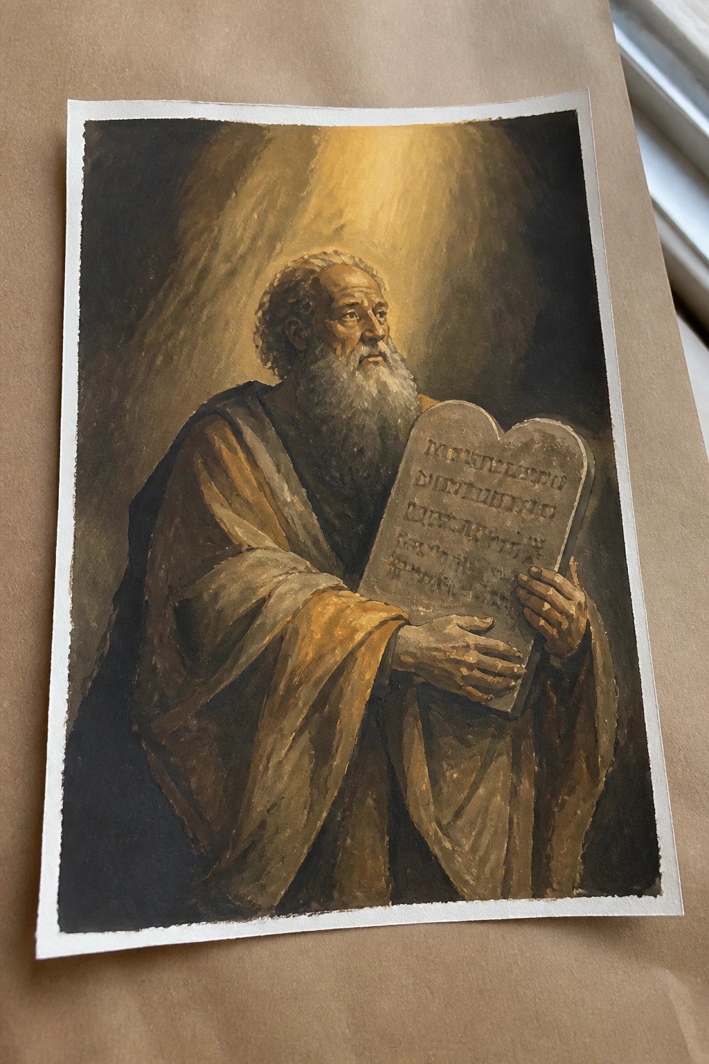 Elderly bearded man in brown robes holds inscribed stone tablets under golden light rays.
