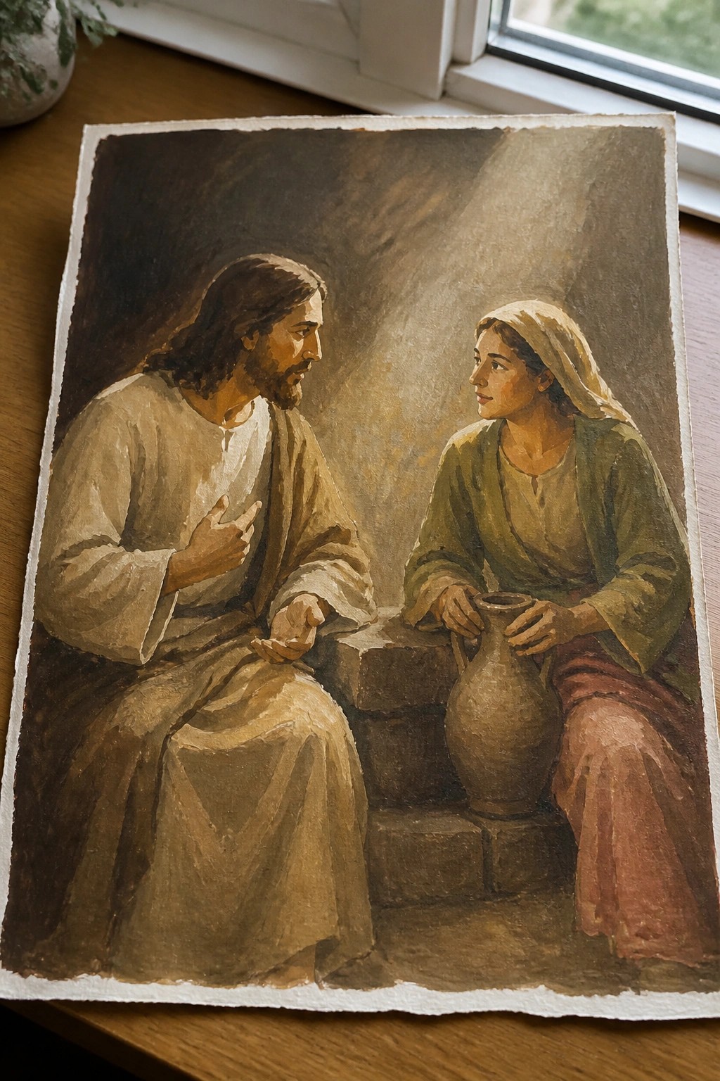 A painting of Jesus facing a woman with a clay jug at a stone well, lit by a strong beam of light from the upper right.