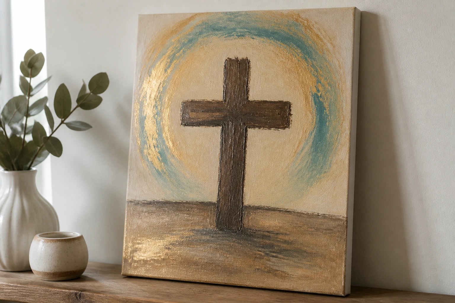 Textured canvas painting of brown-white cross with golden teal halo and dark base