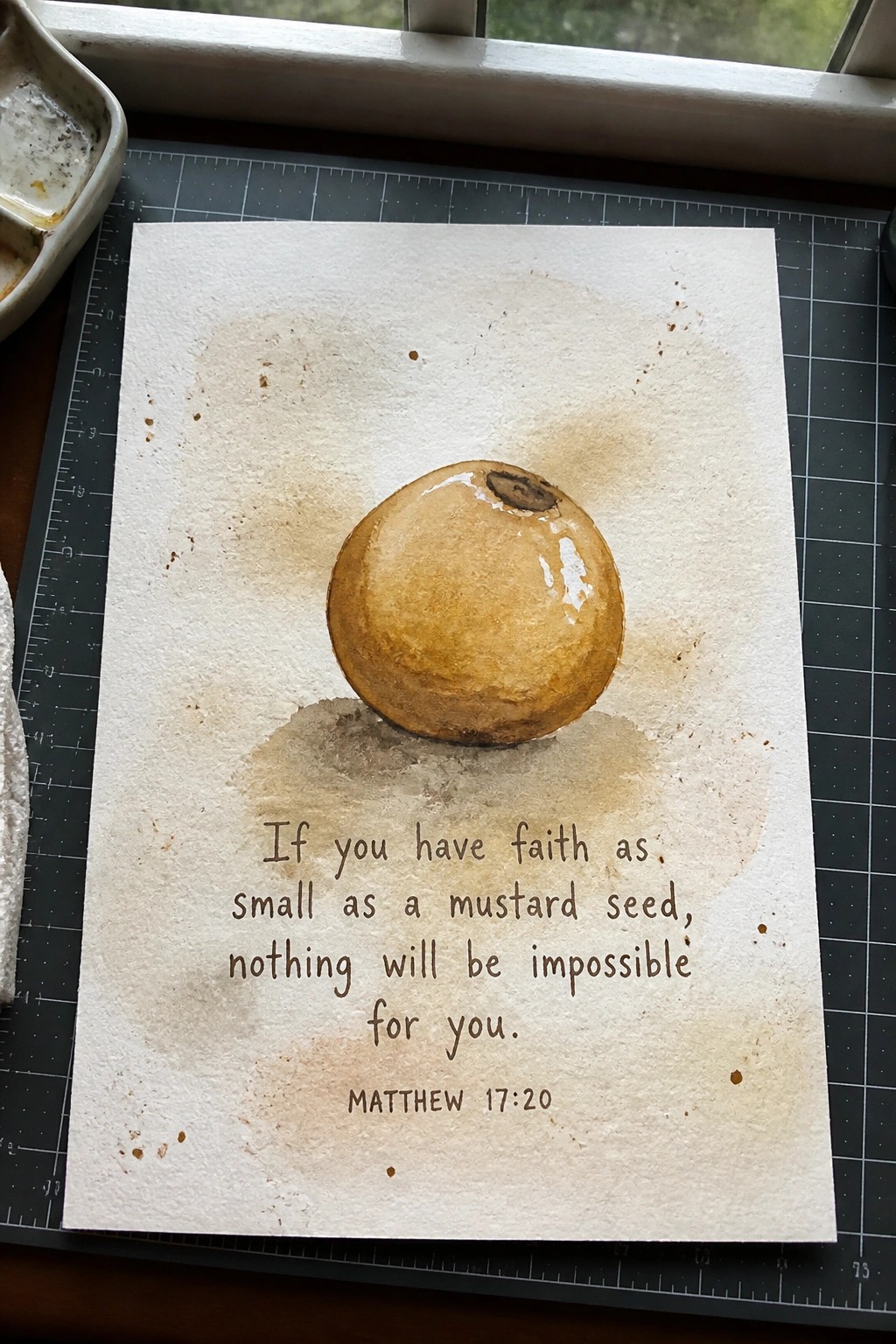 Watercolor painting of brown mustard seed above handwritten Matthew 17:20 Bible verse on paper