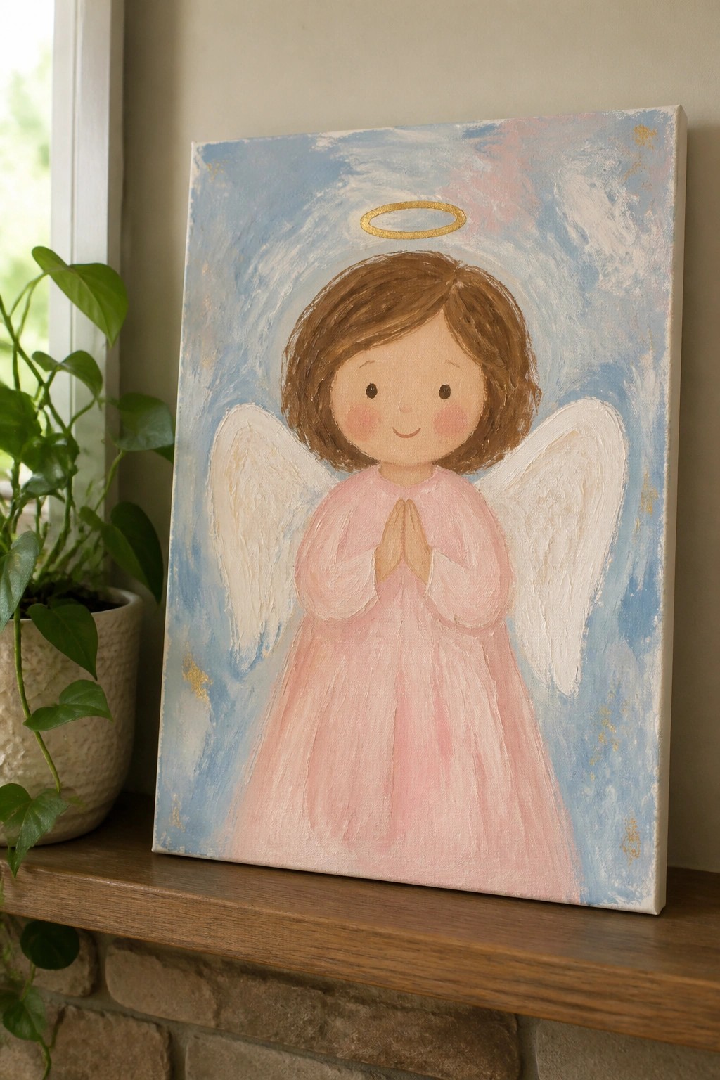 Angel painting of brown-haired child in pink dress with white wings on wooden shelf