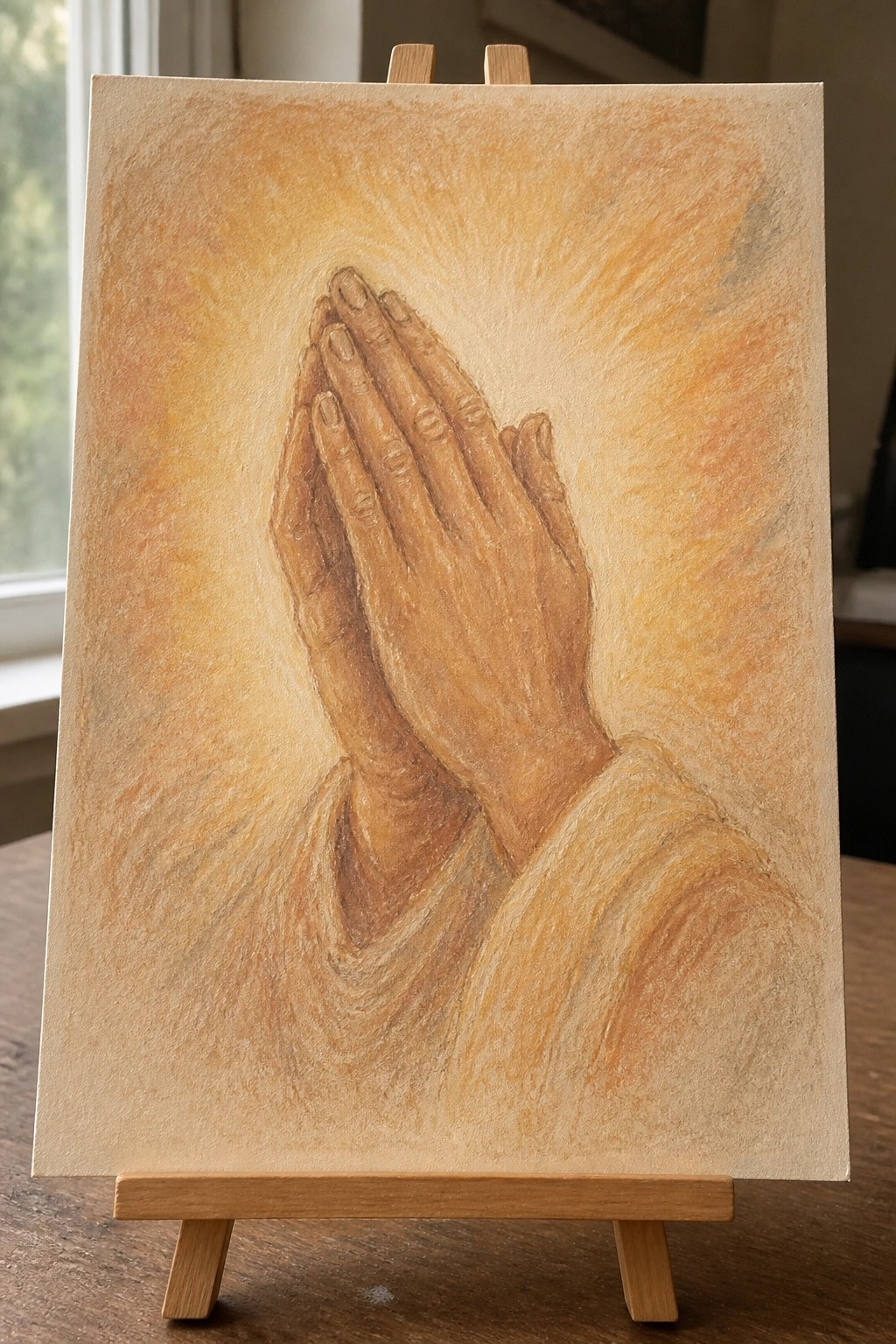 Soft pastel painting of praying hands against radiant orange-yellow background on wooden easel