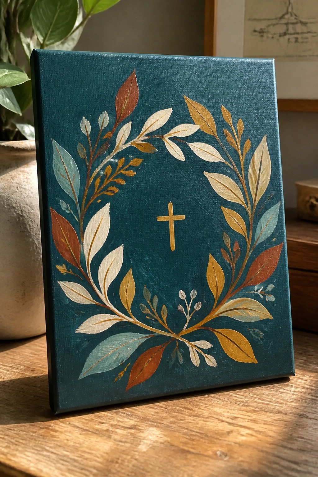 Teal canvas painting with golden cross centered in colorful leafy wreath on wood.