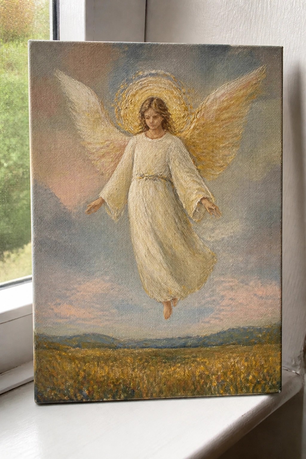 Oil painting of angel in white robe with golden wings and halo over flower field